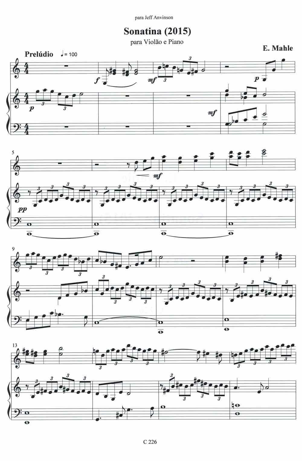 Sonatina (2015) for Guitar and Piano, C 226, by Ernst Mahle
